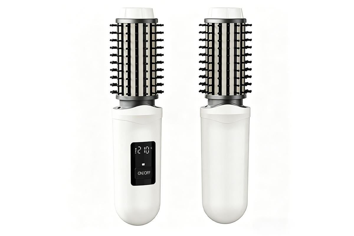 2 in 1 Cordless Hair Straightener Brush Curling Iron with LCD Display-White