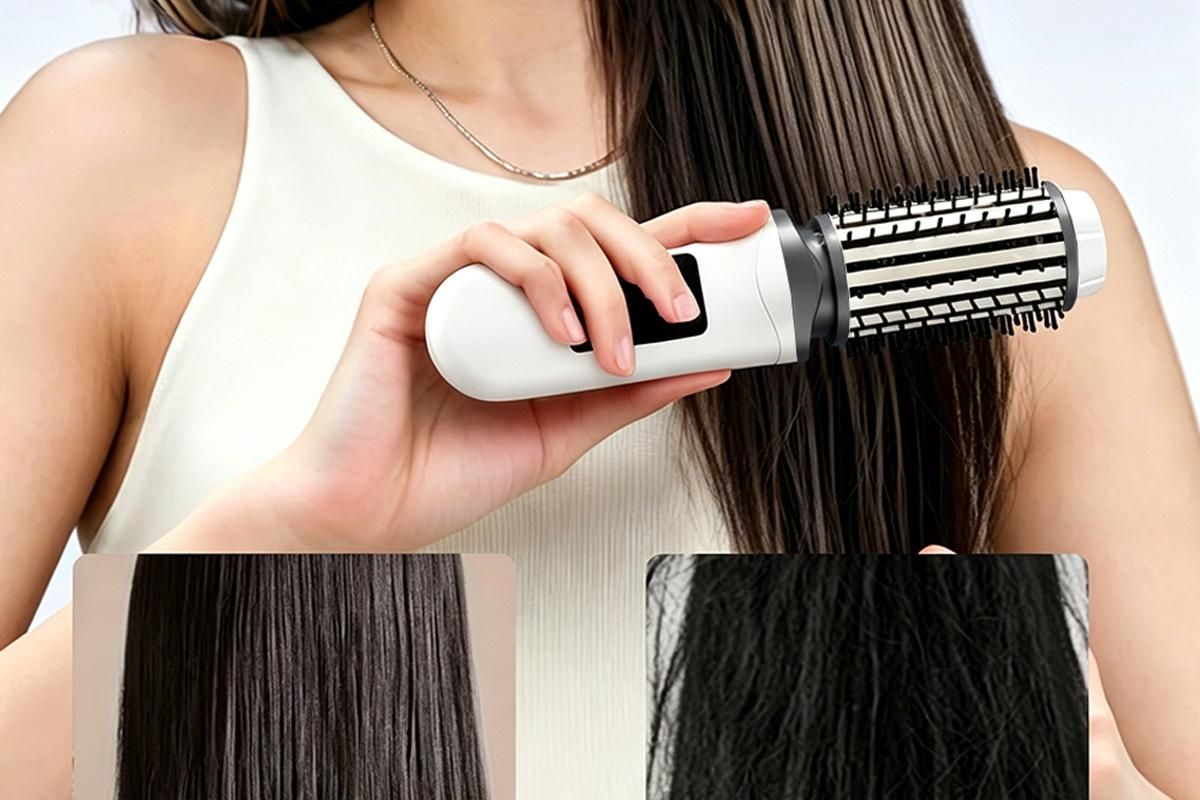 2 in 1 Cordless Hair Straightener Brush Curling Iron with LCD Display-White