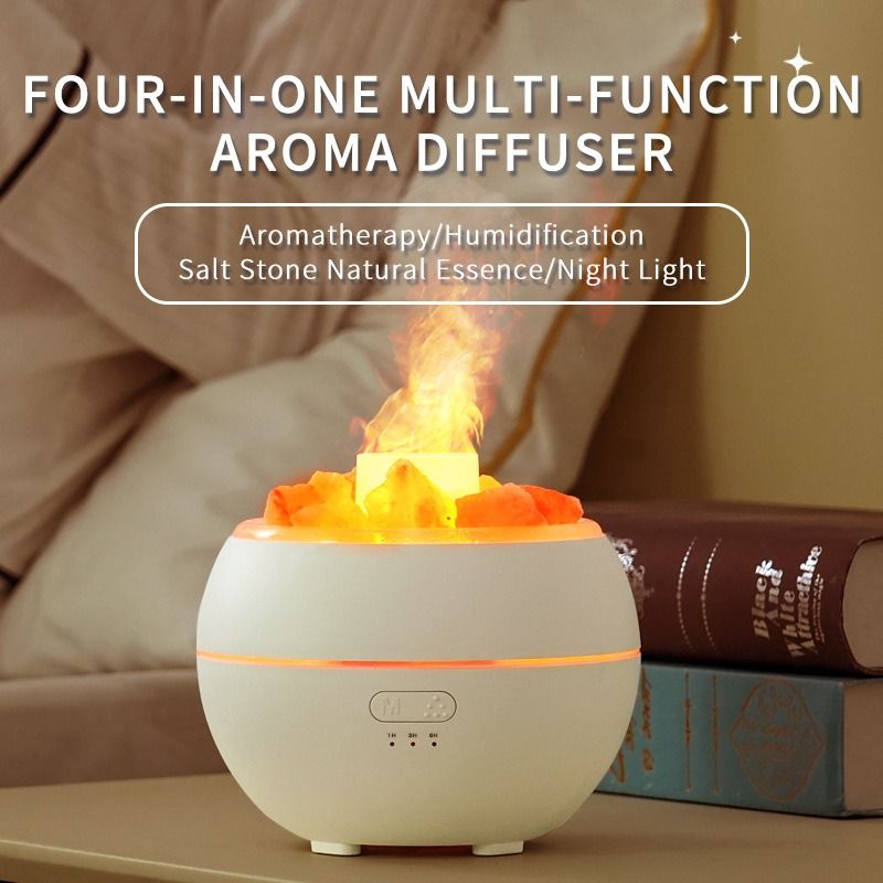 Himalayan Salt Stone Flame Aroma Diffuser, 4 in 1 Essential Oil Humidifier with Warm Night Light, Timer Ultrasonic Cool Mist Diffuser for Home Bedroom