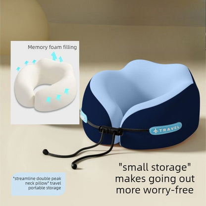 Memory Foam Travel Neck Pillow, U-Shaped Pillow with Ice Silk Cover, Adjustable Lock, and Storage Case for Airplane, Car, Office - Dark Blue