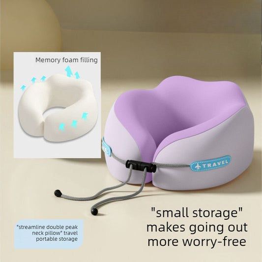Memory Foam Travel Neck Pillow, U-Shaped Pillow with Ice Silk Cover, Adjustable Lock, and Storage Case for Airplane, Car, Office - Purple