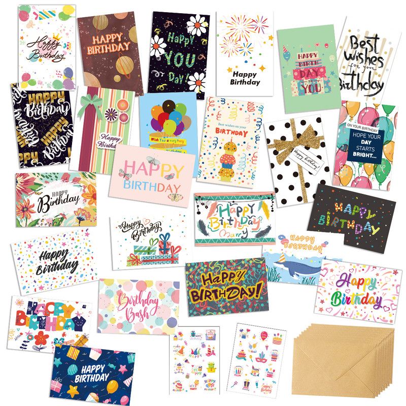 Colorful Happy Birthday Greeting Cards Set, 24Pcs Cards with Envelopes