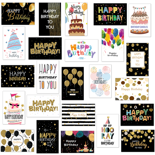 24 PCS Black Gold Happy Birthday Cards Set, Assorted Birthday Greeting Cards with Envelopes