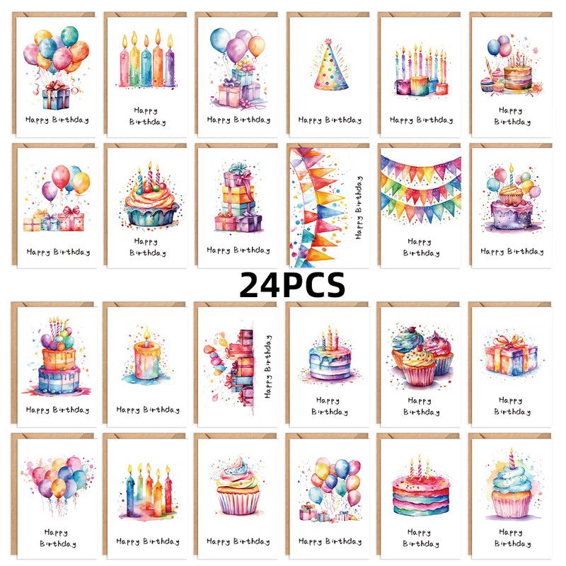 24 PCS Watercolor Happy Birthday Cards Pack, Assorted Designs Cards with Envelopes