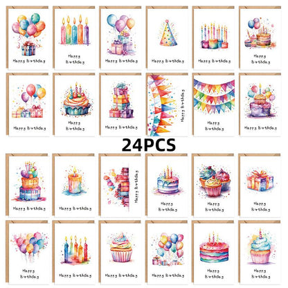 24 PCS Watercolor Happy Birthday Cards Pack, Assorted Designs Cards with Envelopes