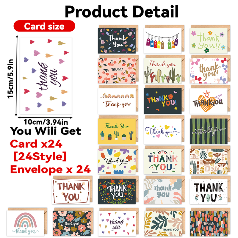 24-Piece Thank You Card Set, Greeting Note Cards with Envelopes, Greeting Card Set