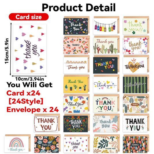 24-Piece Thank You Card Set, Greeting Note Cards with Envelopes, Greeting Card Set