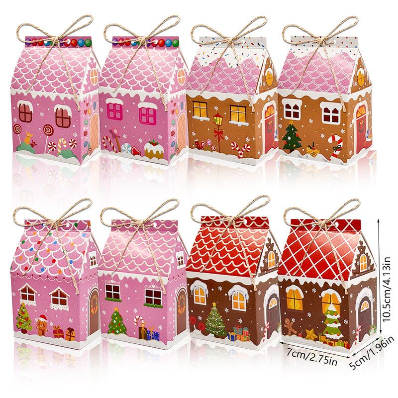Colorful Gingerbread House Christmas Boxes, 4 Designs Candy Cookie Paper Boxes 24 Pcs Set