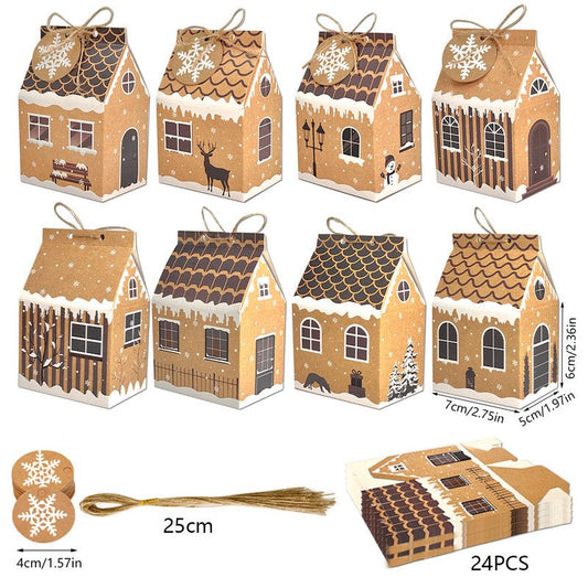Plain Kraft Christmas House Gift Boxes, 4 Designs Gingerbread House Treat Boxes 24 Pcs Set