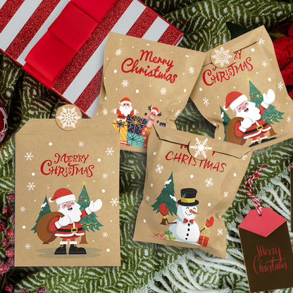 Cartoon Santa Christmas Kraft Gift Bags, 24Pcs Holiday Candy Treat Paper Bags Set