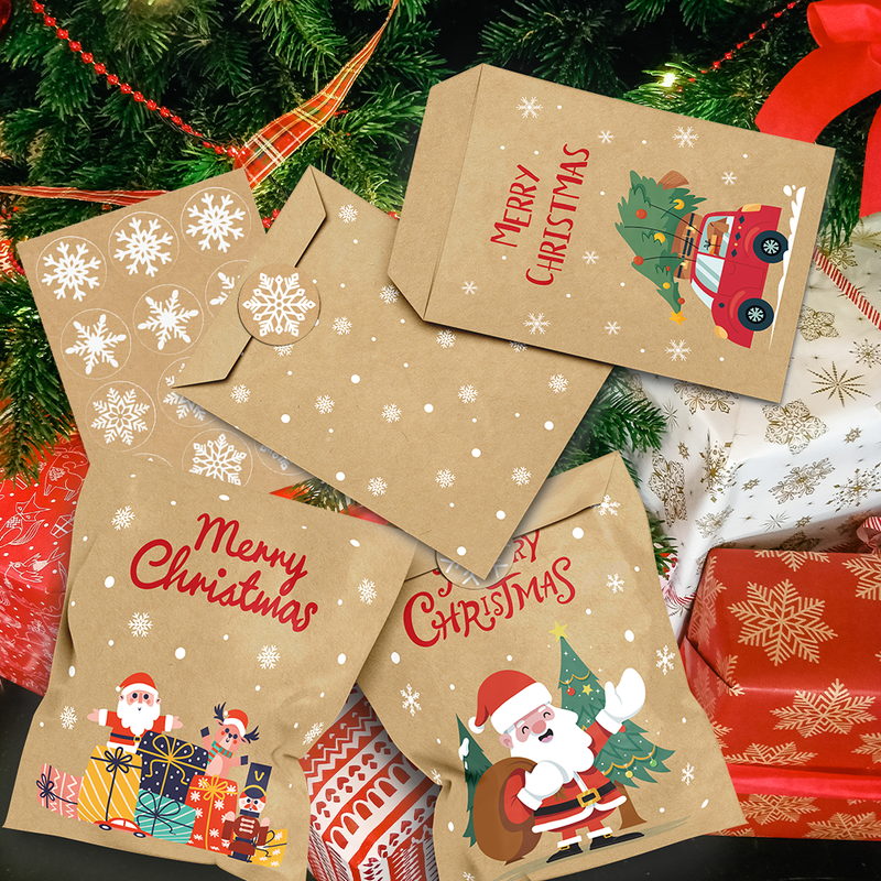 Cartoon Santa Christmas Kraft Gift Bags, 24Pcs Holiday Candy Treat Paper Bags Set