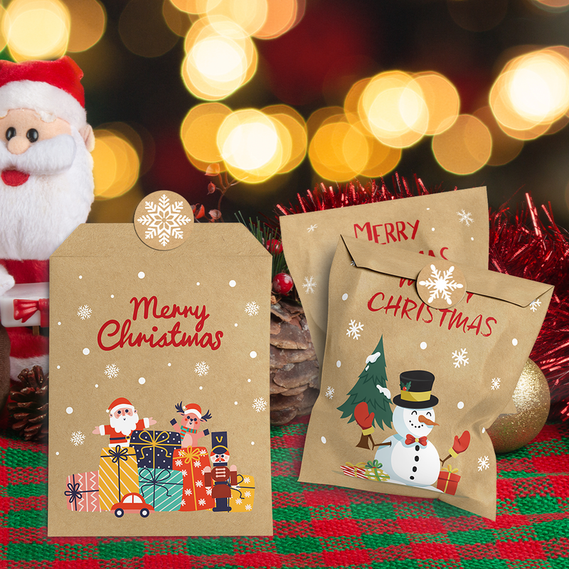Cartoon Santa Christmas Kraft Gift Bags, 24Pcs Holiday Candy Treat Paper Bags Set