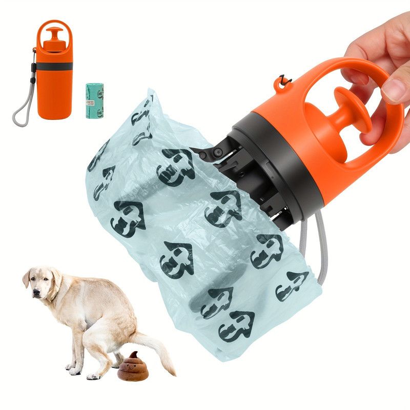 Orange - 6-Claw Portable Pet Poop Picker, Outdoor Pet Poop Pick-Up Tool, Plus a Free Roll of Trash Bags