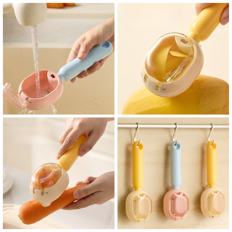 Storage-Type Vegetable Peeler, One-Button Pop-Up to Prevent Peel Splashing, Stainless Steel Fruit Peeling Tool—Yellow