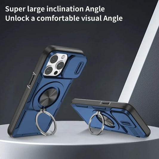 Red Warrior 2-in-1 Magnetic Sliding Lens Case blue for iPhone 15 Pro Max