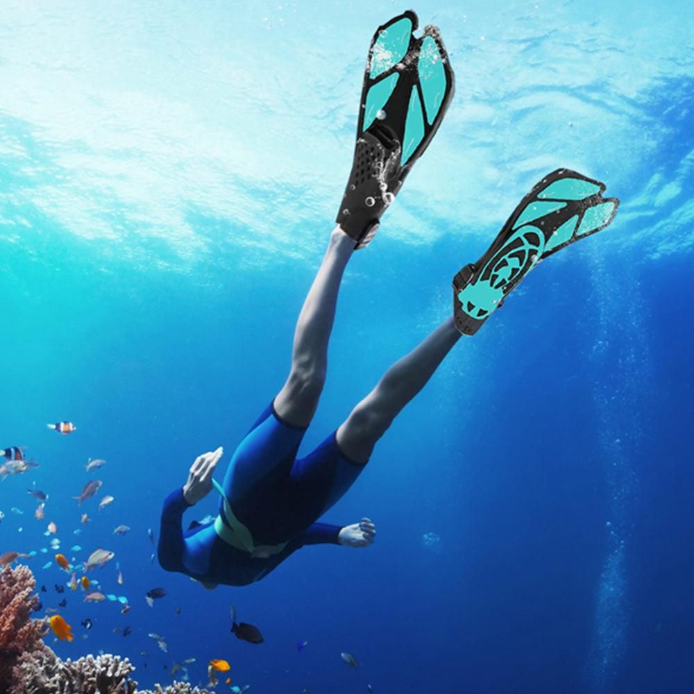 Pair of Snorkel Fins Diving Swim Fins Adjustable Open Heel Swimming Barefoot Flippers Cyan - S