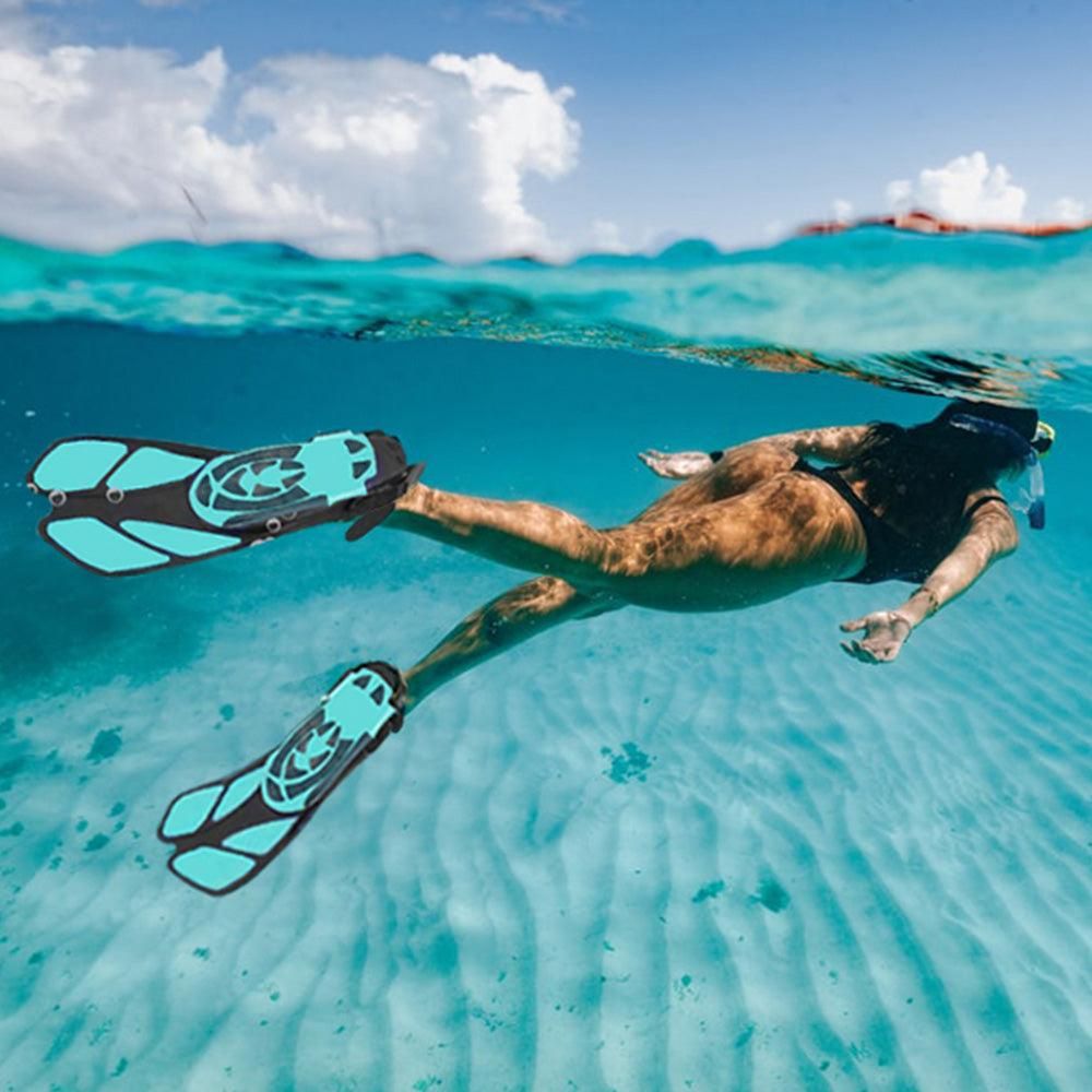 Pair of Snorkel Fins Diving Swim Fins Adjustable Open Heel Swimming Barefoot Flippers Cyan - L