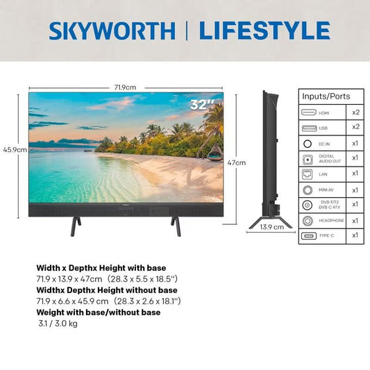 SKYWORTH Portable 32-inch TV, Powerbank Supported, Type C & USB Ports, Smart Google TV, easy carry handle, portable, Campers, 3kg light weight, DBX-TV sound system, Dolby Audio, HDR 10,Remote Voice Control, Find-my Remote, Ideal For RVs, Campers, Motorhom