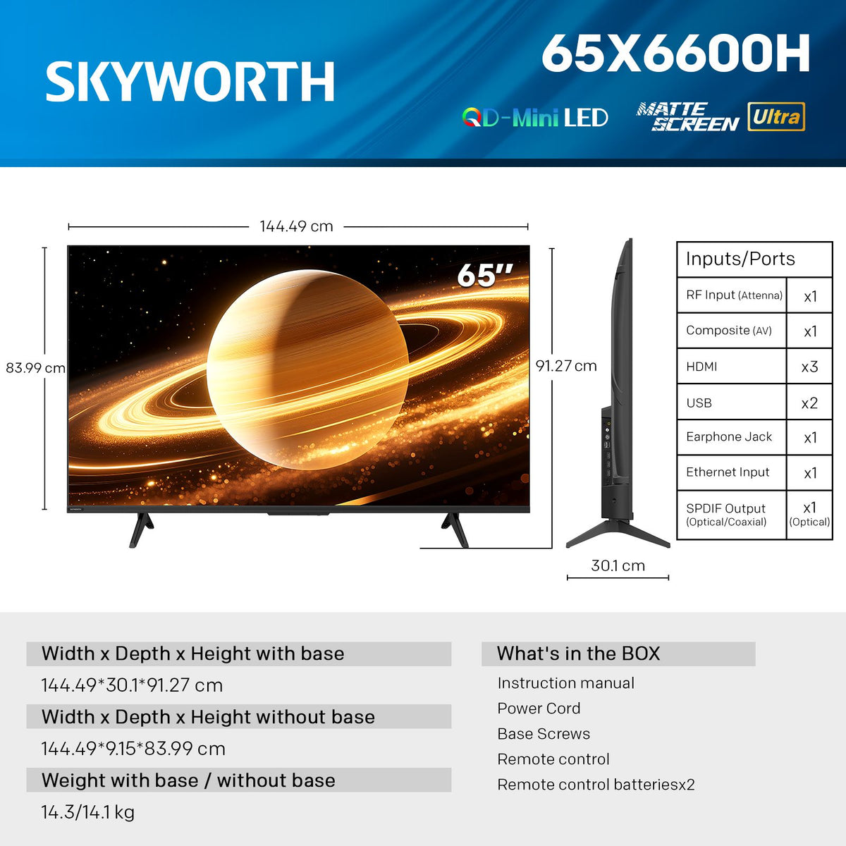 SKYWORTH 65X6600H QD-Mini LED 4K Smart TV, Matte Anti-Glare Display, 120Hz Turbo Mode, AI 4K Upscaling, AI Color Enhancement，Google TV, Dolby Atmos+Dolby Vision, 30W Speakers，HDMI2.1