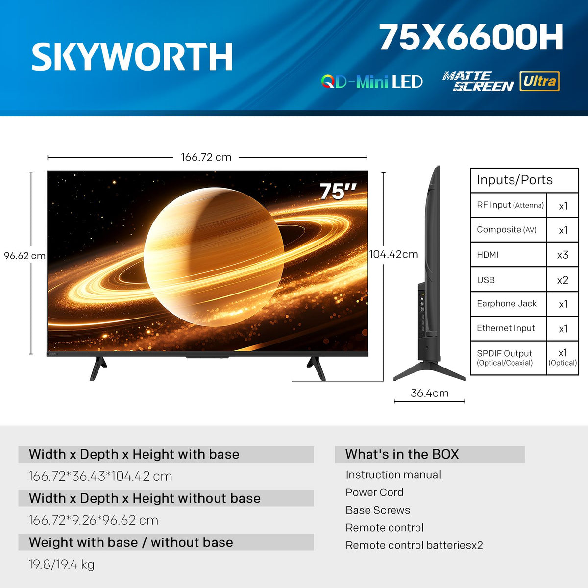 SKYWORTH 75X6600H QD-Mini LED 4K Smart TV, Matte Anti-Glare Display, 120Hz Turbo Mode, AI 4K Upscaling, AI Color Enhancement，Google TV, Dolby Atmos+Dolby Vision, 30W Speakers，HDMI2.1