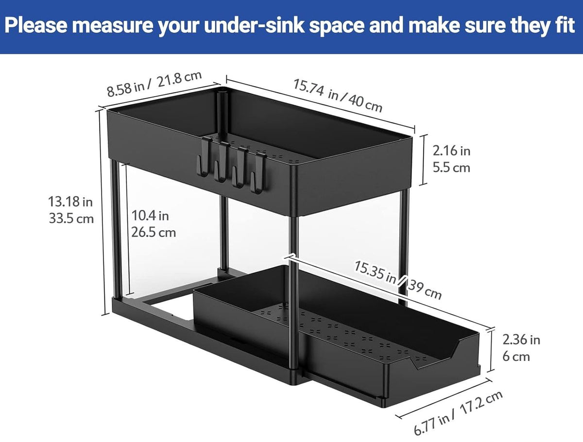 CARLA HOME 2 Pack Under Sink Organizer with Pull-Out Basket and Hooks for Bathroom & Kitchen