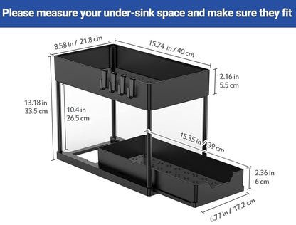 CARLA HOME 2 Pack Under Sink Organizer with Pull-Out Basket and Hooks for Bathroom & Kitchen