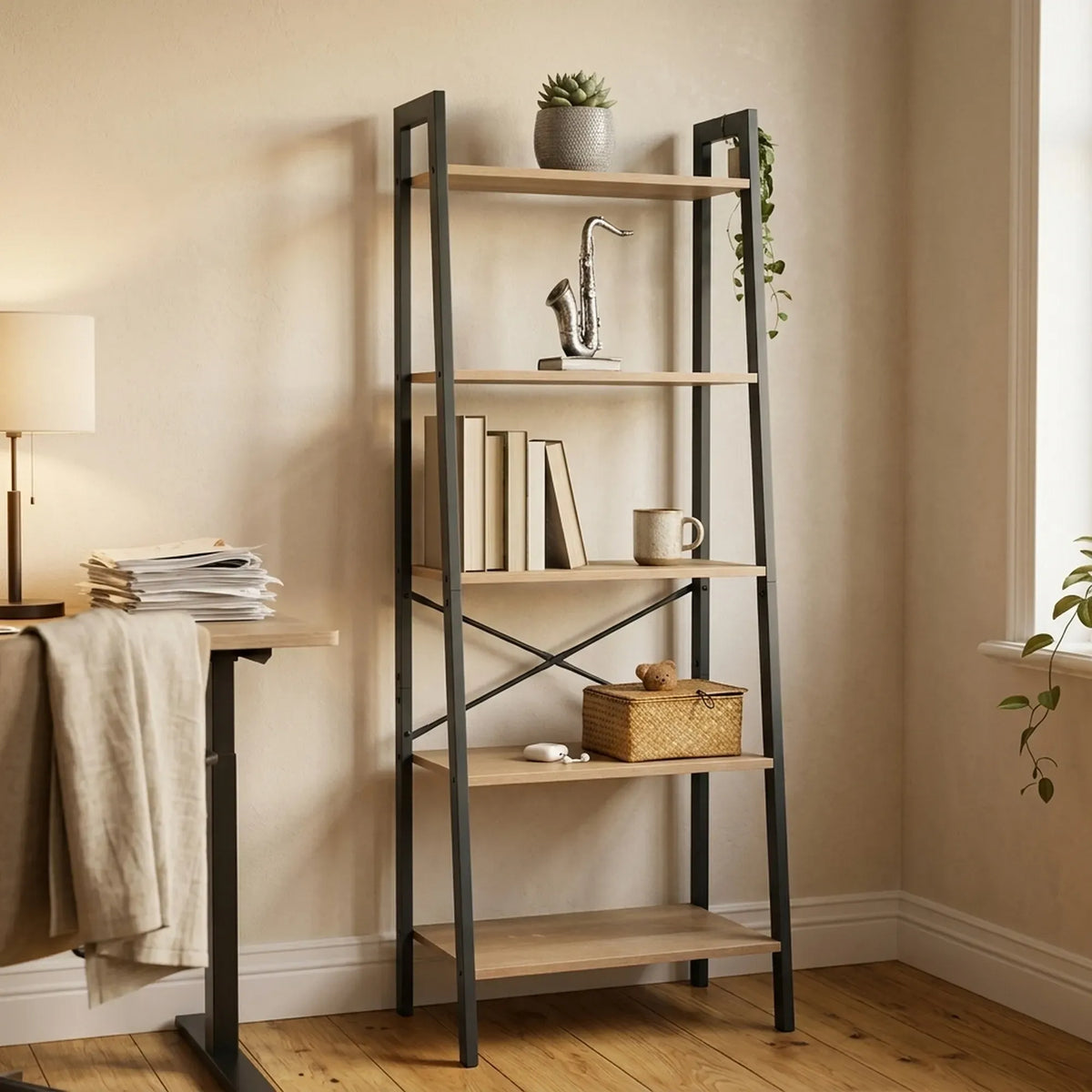 CARLA HOME 5 Tier Ladder Shelf - Wood Metal Display Bookcase - Brown - Rustic - Steel