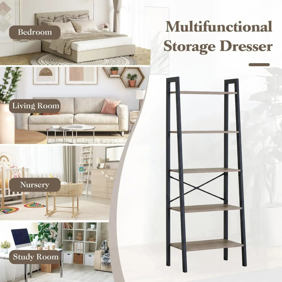 CARLA HOME 5 Tier Ladder Shelf - Wood Metal Display Bookcase - Brown - Rustic - Steel
