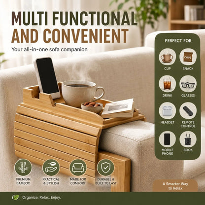 CARLA HOME Bamboo Sofa Armrest Tray, Couch Arm Table, Non-Slip Tray Table