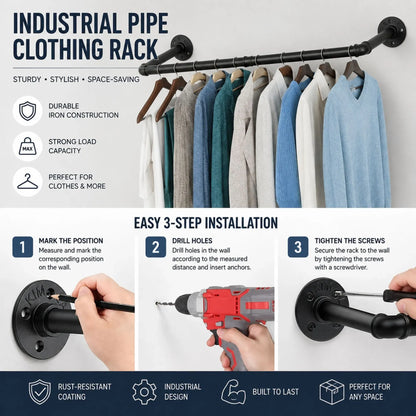 CARLA HOME Industrial Pipe Wall Clothes Rack, 92cm Bar Garment Rack