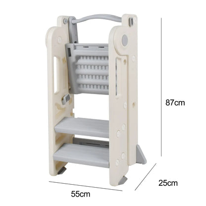 Foldable Kids Step Stool Kitchen Helper Tower in Grey, Adjustable Height, 55x55x79cm