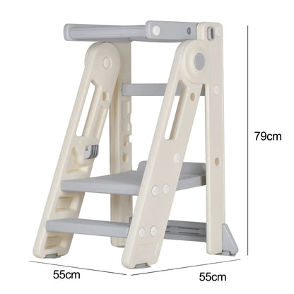Foldable Kids Step Stool Kitchen Helper Tower in Grey, Adjustable Height, 55x55x79cm