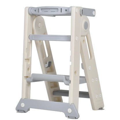 Foldable Kids Step Stool Kitchen Helper Tower in Grey, Adjustable Height, 55x55x79cm