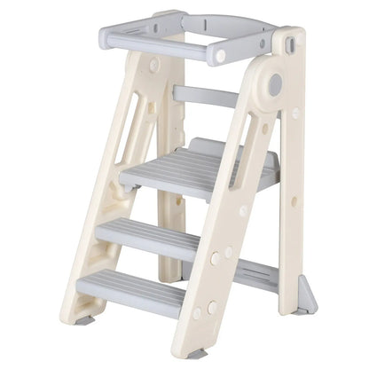 Foldable Kids Step Stool Kitchen Helper Tower in Grey, Adjustable Height, 55x55x79cm
