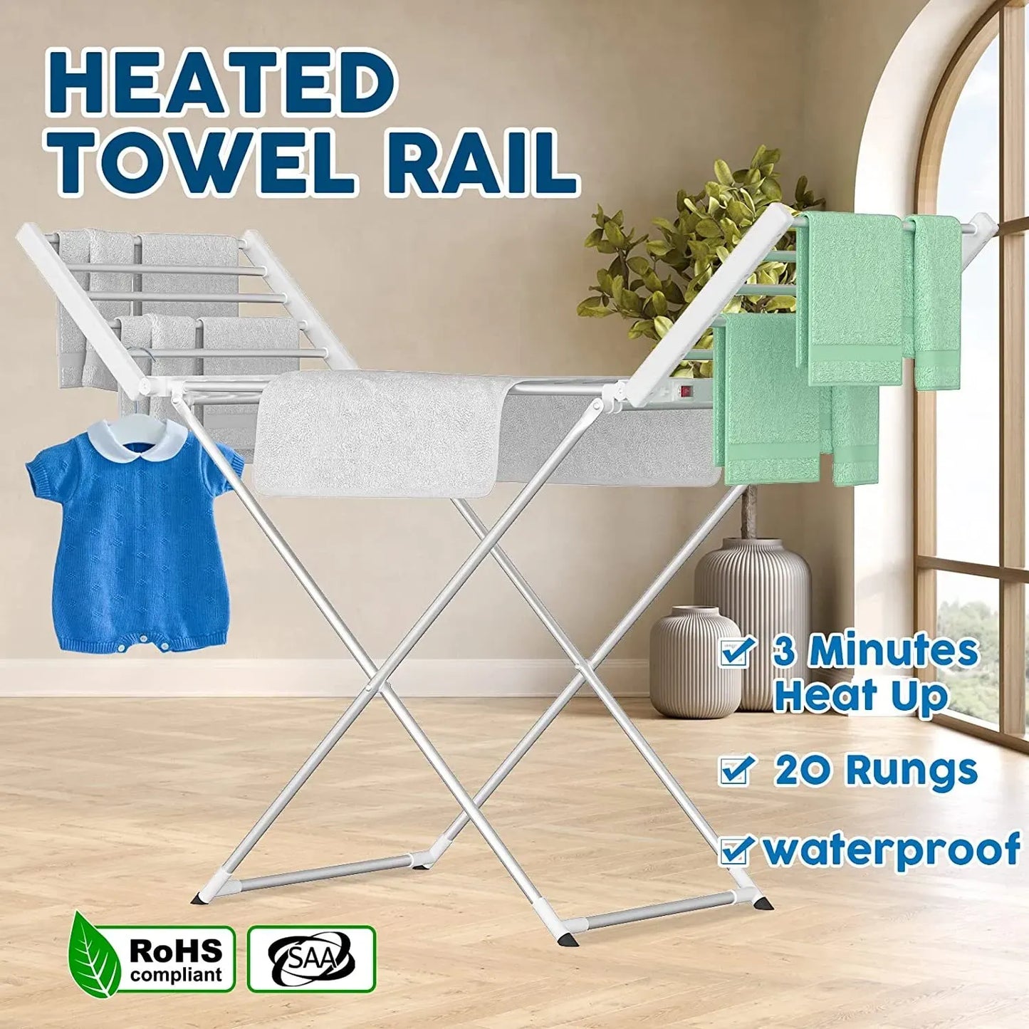 White 220W Electric Heated Towel Rack in Silver with 20 Bars for Fast Drying