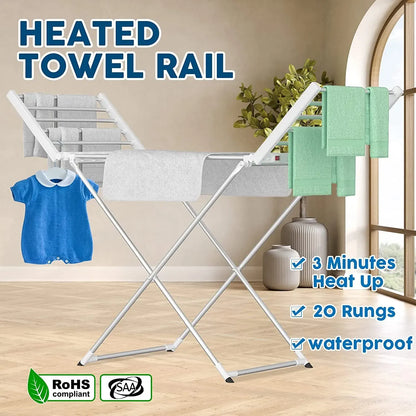 White 220W Electric Heated Towel Rack in Silver with 20 Bars for Fast Drying