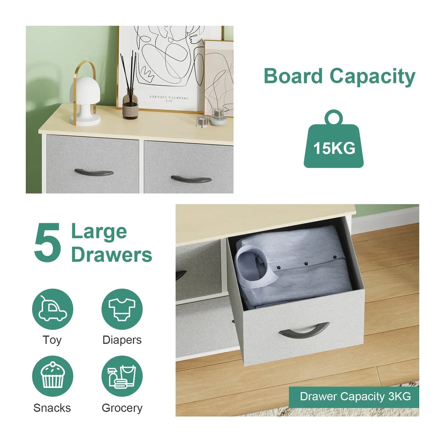 Black Chest of 5 Drawers Storage Cabinet Dresser Unit for Living Room or Bedroom