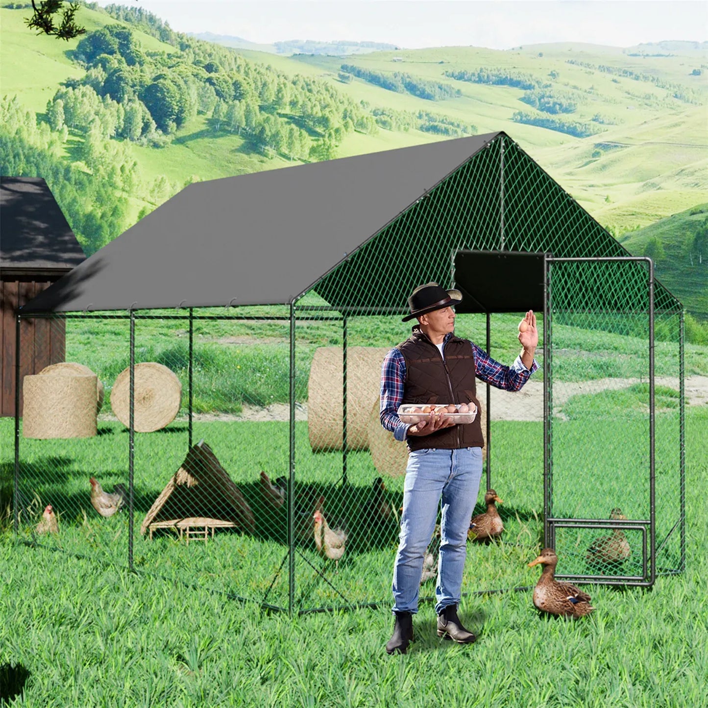 Heavy Duty Large Black Metal Walk-In Chicken Run Coop with Cover, 276x207x300cm
