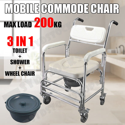 Aluminum Bedside Commode Chair 200kg Mobile Shower Toilet Wheelchair