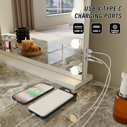 Beauty Mirror with 18 LED Bulbs, Colour Settings, White Frame,  and USB A and C Ports