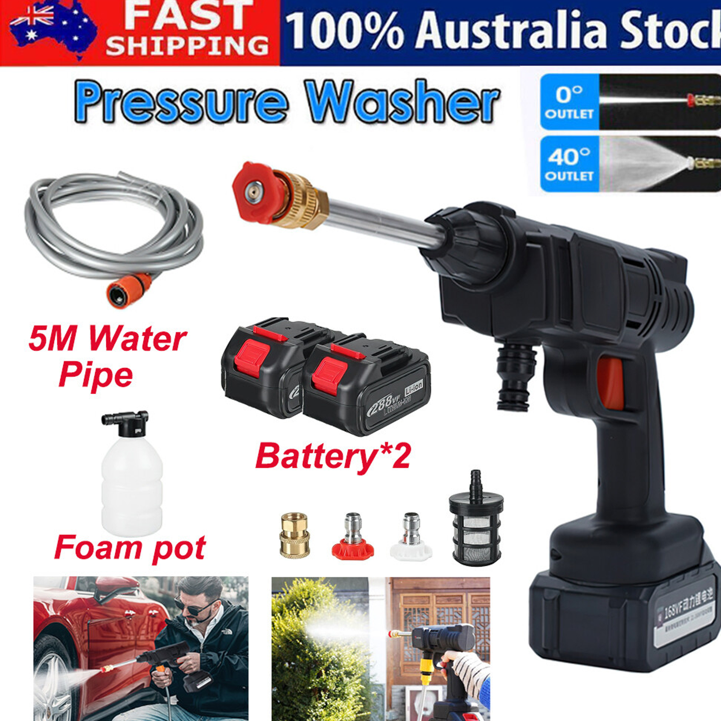 88V Cordless Electric High Pressure Washer Water Spray Gun Car Cleaner 2 Battery