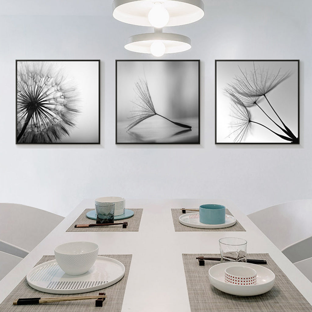 Wall Art 70cmx70cm Botanical dandelions 3 Sets Black Frame Canvas