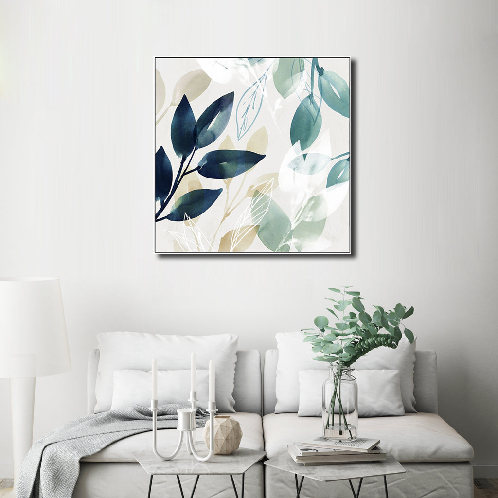 Wall Art 70cmx70cm Watercolour style leaves 2 Sets White Frame Canvas