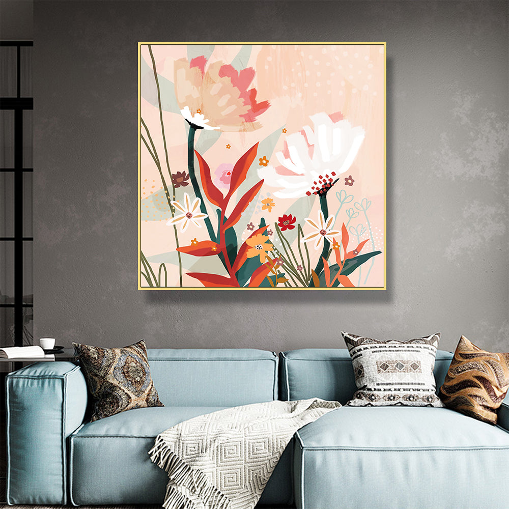 Wall Art 70cmx70cm Native Floral Gold Frame Canvas