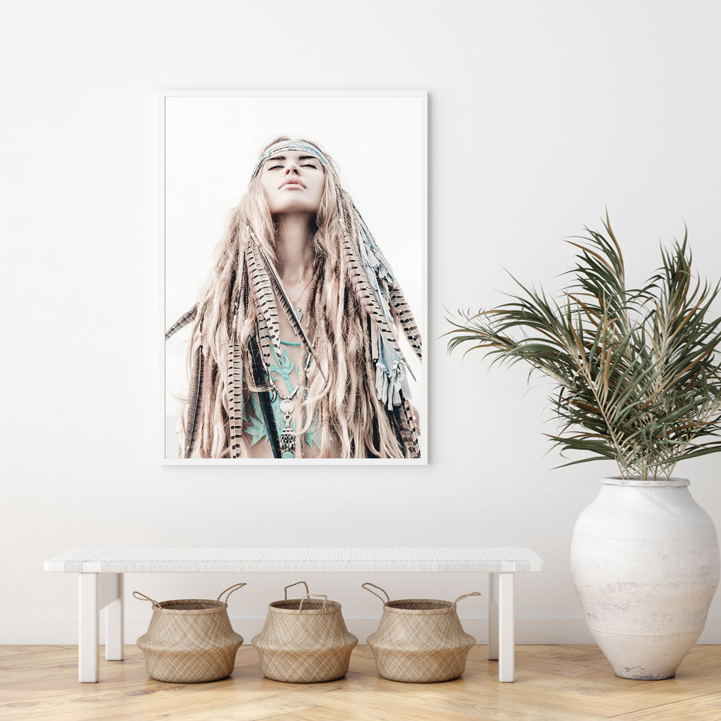 Wall Art 90cmx135cm BOHO Girl White Frame Canvas