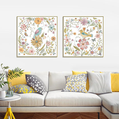 Wall Art 80cmx80cm Floral birds 2 Sets Gold Frame Canvas