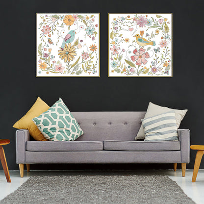 Wall Art 80cmx80cm Floral birds 2 Sets Gold Frame Canvas