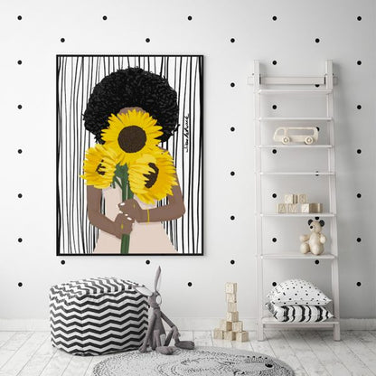 Wall Art 80cmx120cm African Woman Sunflower Black Frame Canvas