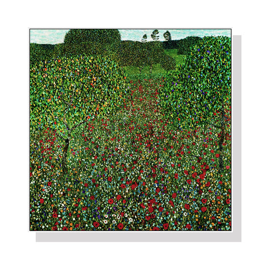 Wall Art 70cmx70cm Field of Poppies by Gustav Klimt White Frame Canvas