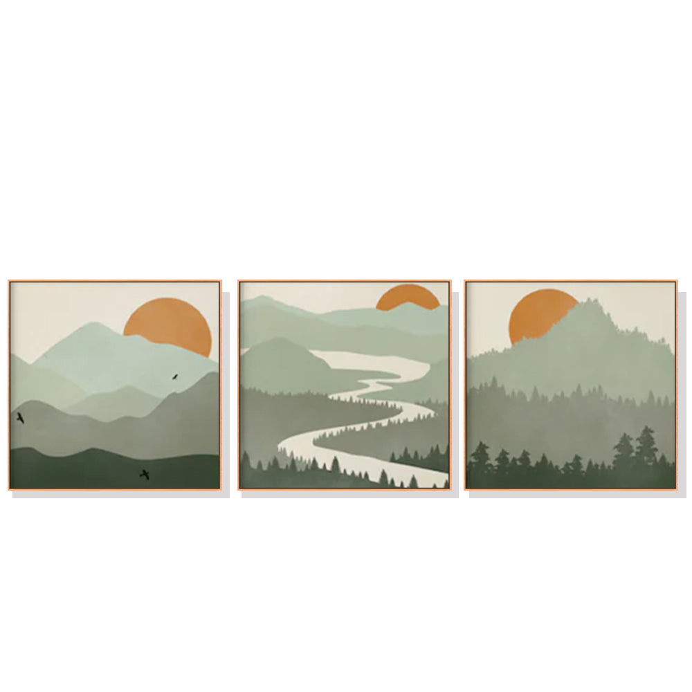 Wall Art 70cmx70cm Sage Green Landscapes 3 Sets Wood Frame Canvas